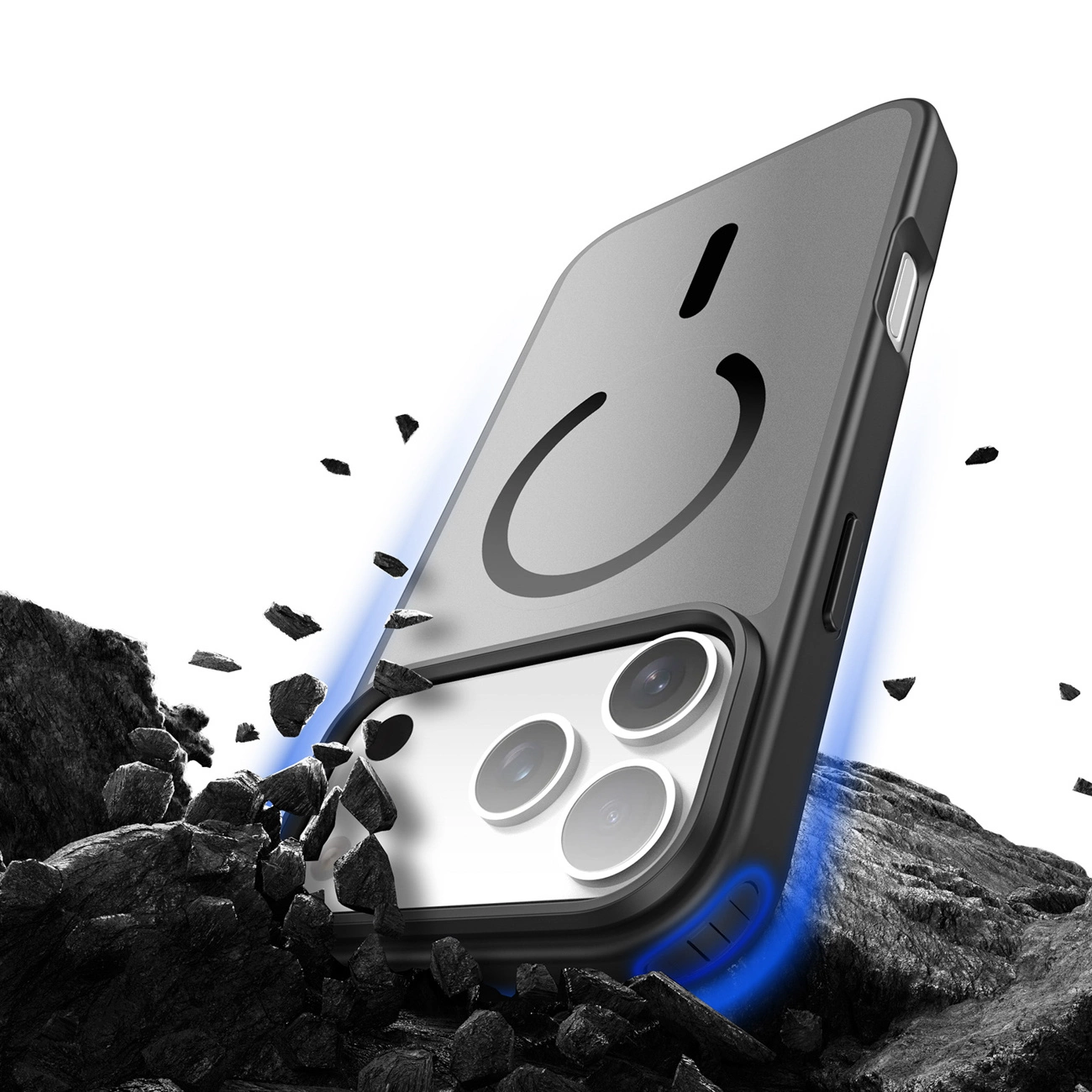 Ein Smartphone in Schutzhülle steht auf dunklen Gesteinsbrocken, mit blauer Beleuchtung.