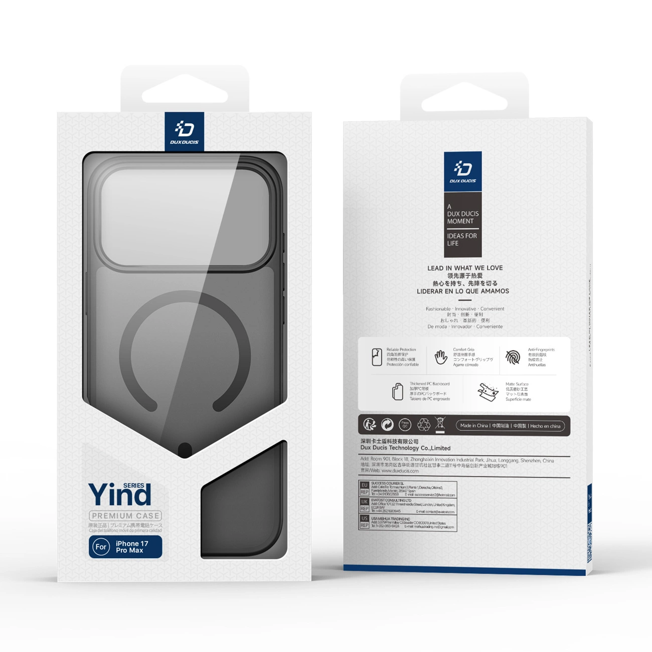 Front- und Rückseite einer weißen Verpackung für eine Dux Ducis Yind Premium Case Schutzhülle für das iPhone 17 Pro Max.
