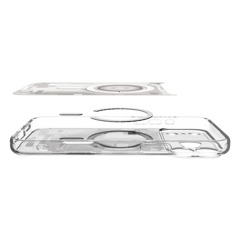 Custodia per telefono trasparente con anello di ricarica magnetico integrato e strato interno, su sfondo bianco.