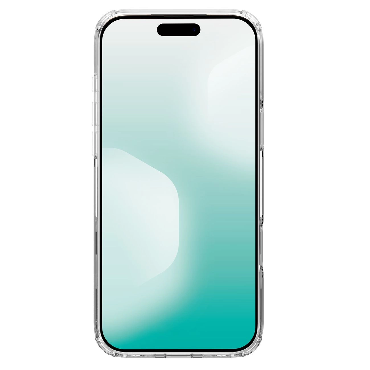 Un teléfono inteligente en una funda protectora transparente con pantalla degradada verde y blanca.