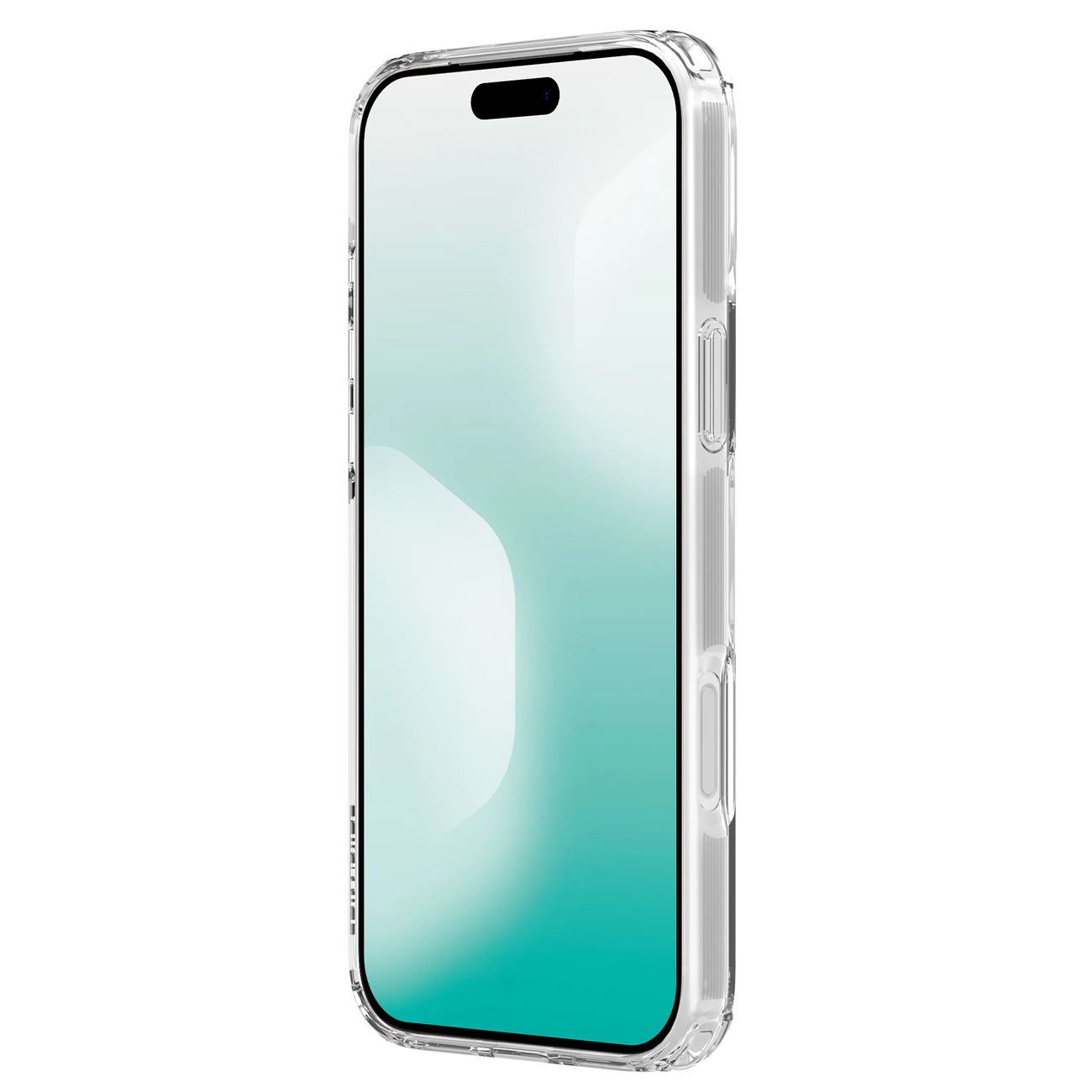 Un teléfono inteligente en una funda protectora transparente sobre fondo blanco, inclinado.