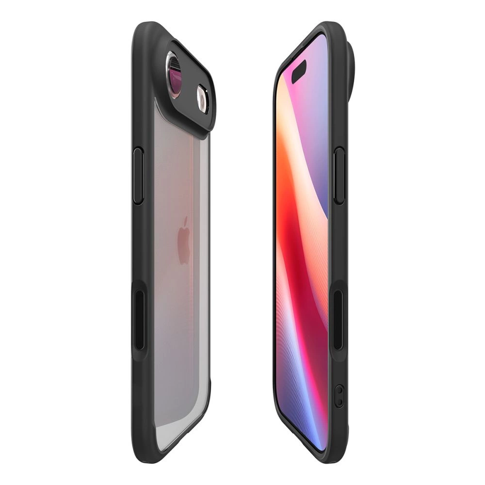 Zwei Ansichten eines Smartphones in einer schwarzen Schutzhülle, Frontdisplay und Rückseite mit Kameramodul.