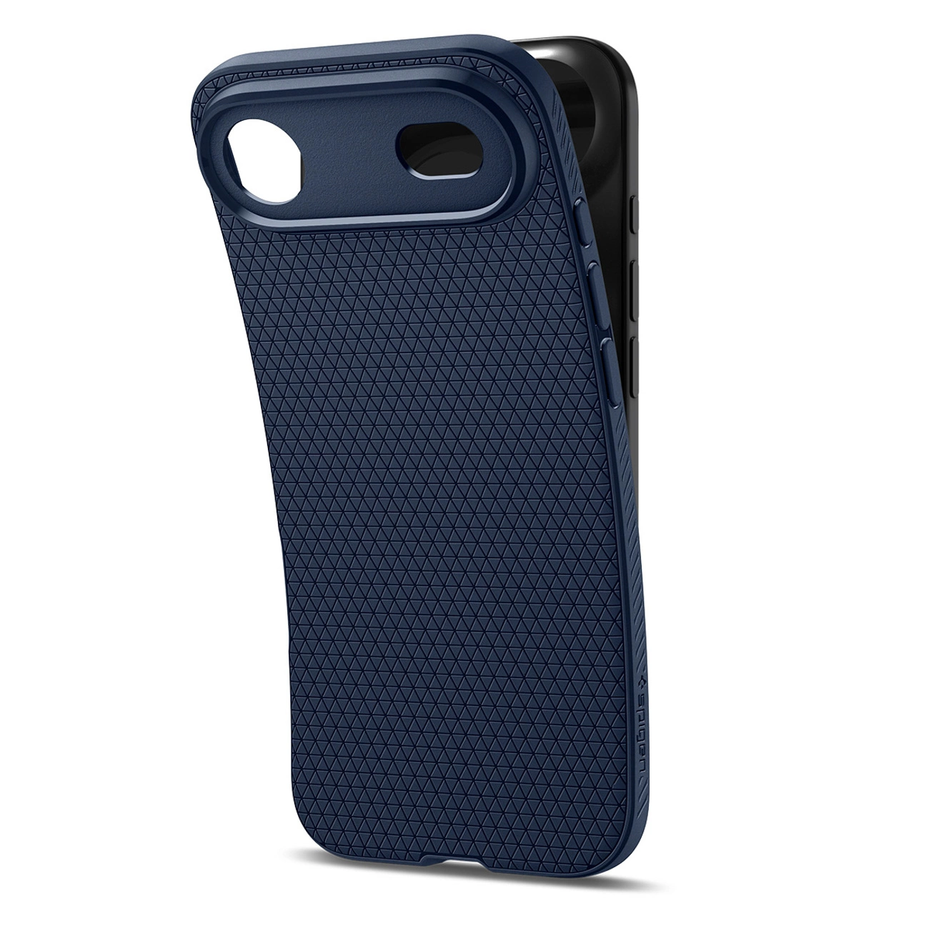 Custodia per telefono blu scuro con motivo geometrico mostrata con uno smartphone su sfondo bianco.
