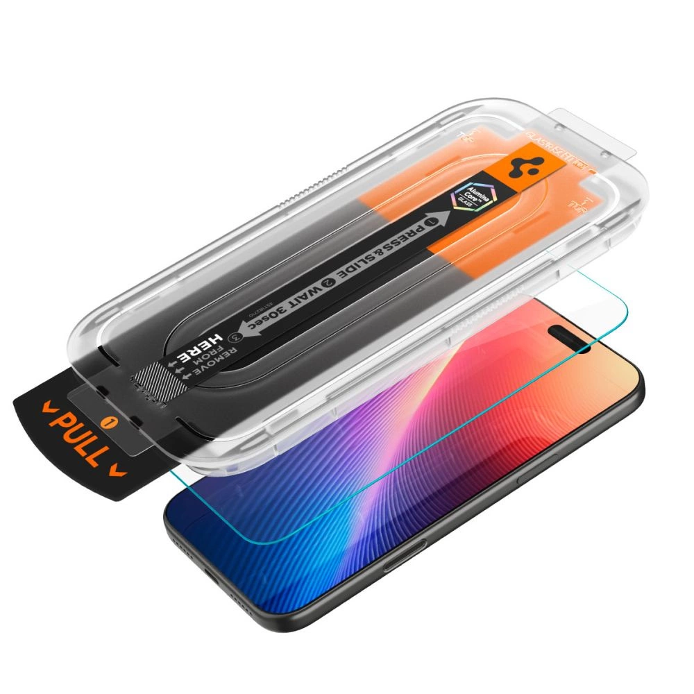 Uno smartphone con vassoio di installazione e protezione schermo sopra, con istruzioni per tirare e scorrere.