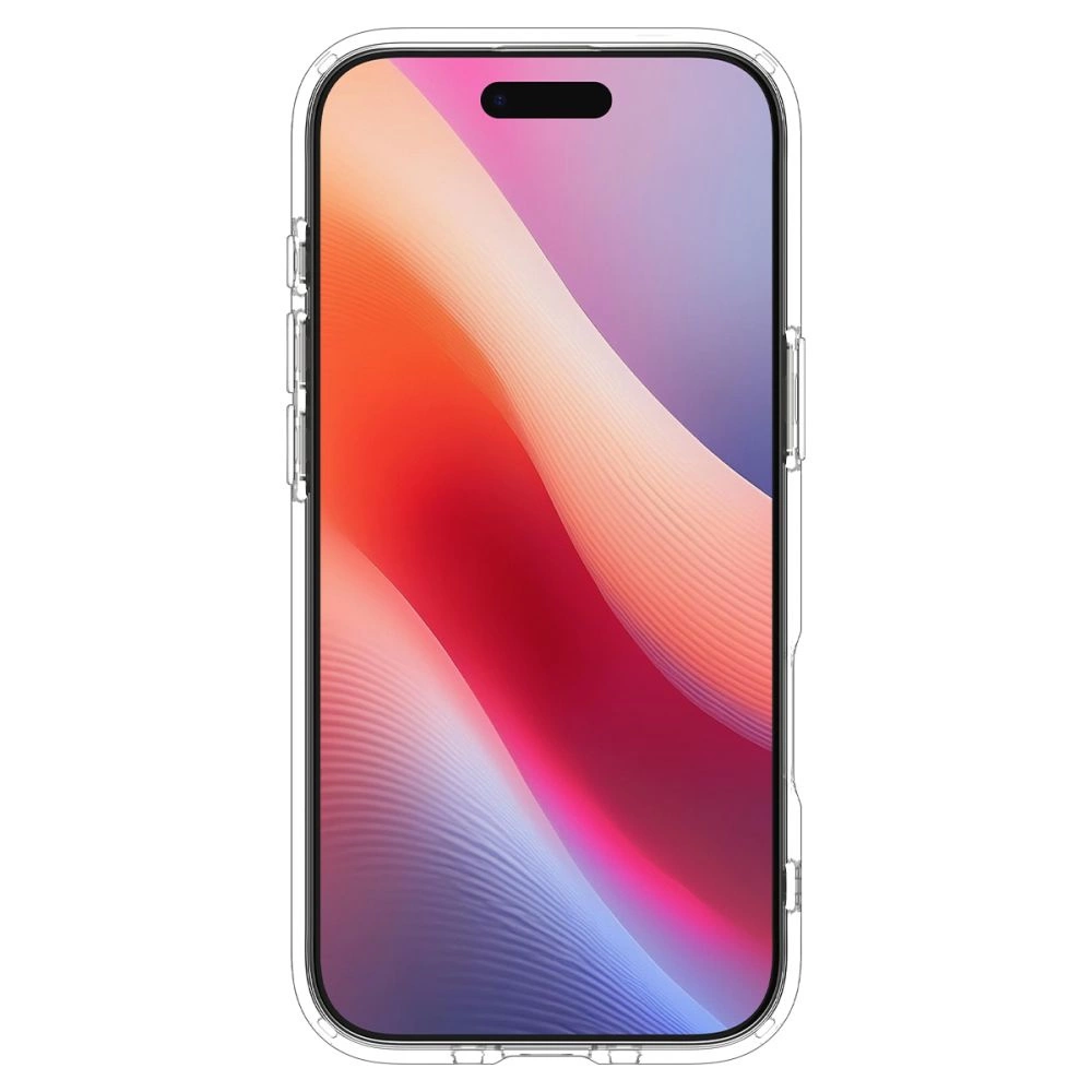 Uno smartphone in una custodia trasparente con uno sfondo astratto e colorato.