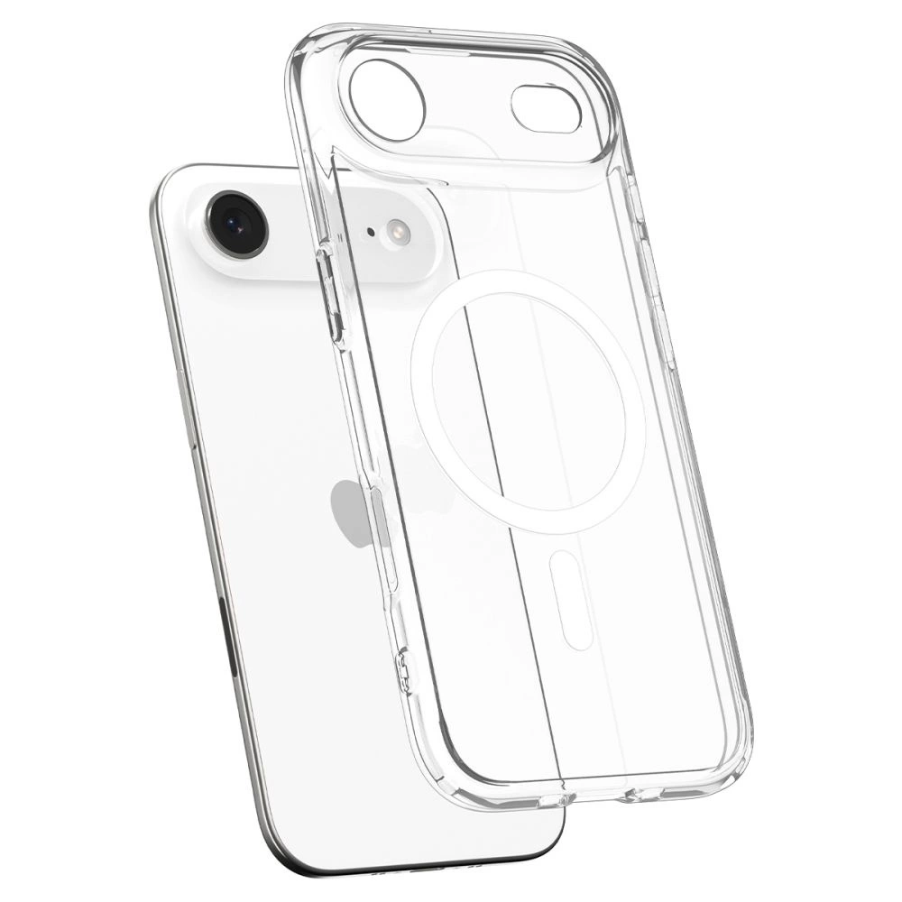 Una custodia trasparente con anello magnetico accanto a uno smartphone bianco su sfondo bianco.