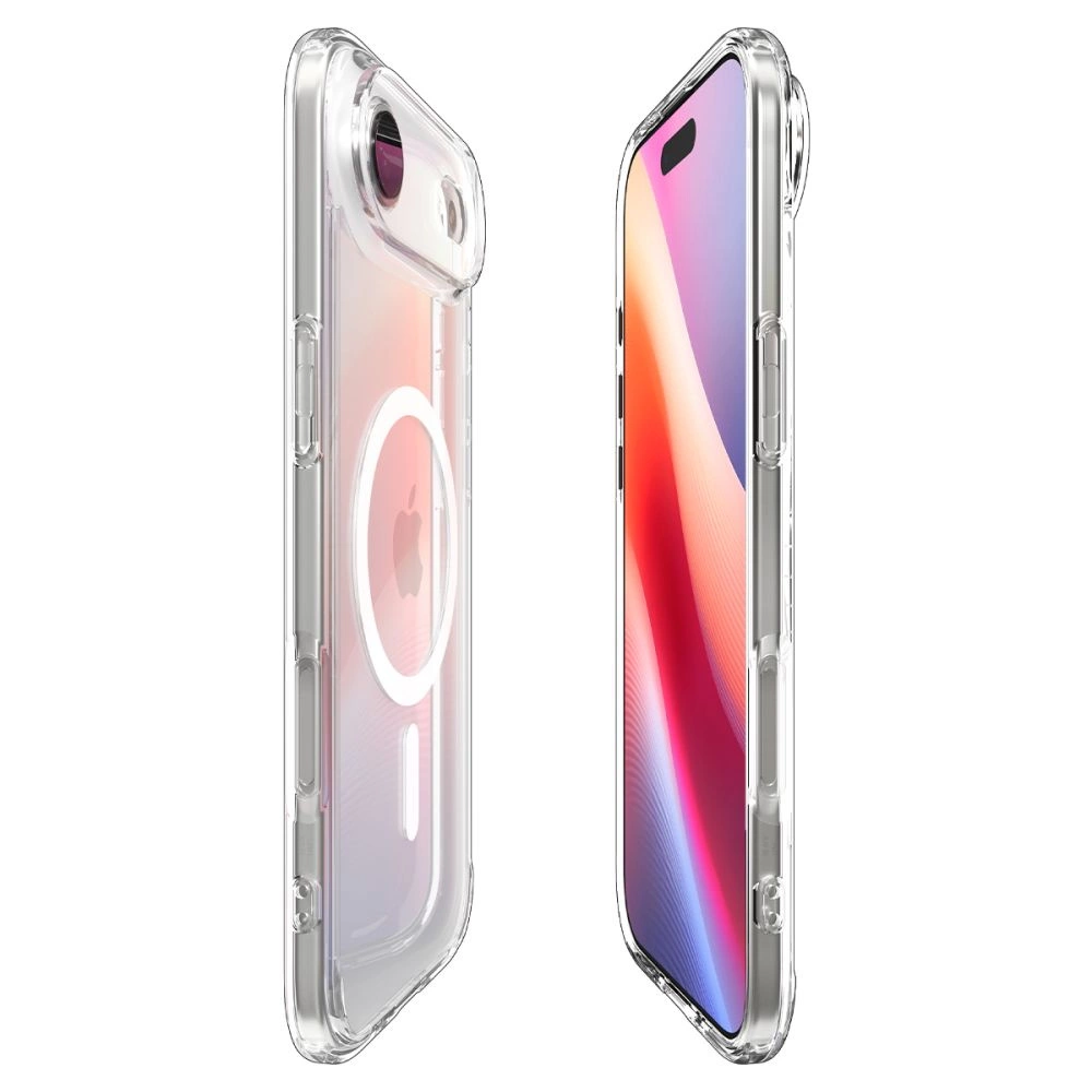 Un iPhone con custodia trasparente che mostra la vista anteriore e posteriore con MagSafe.