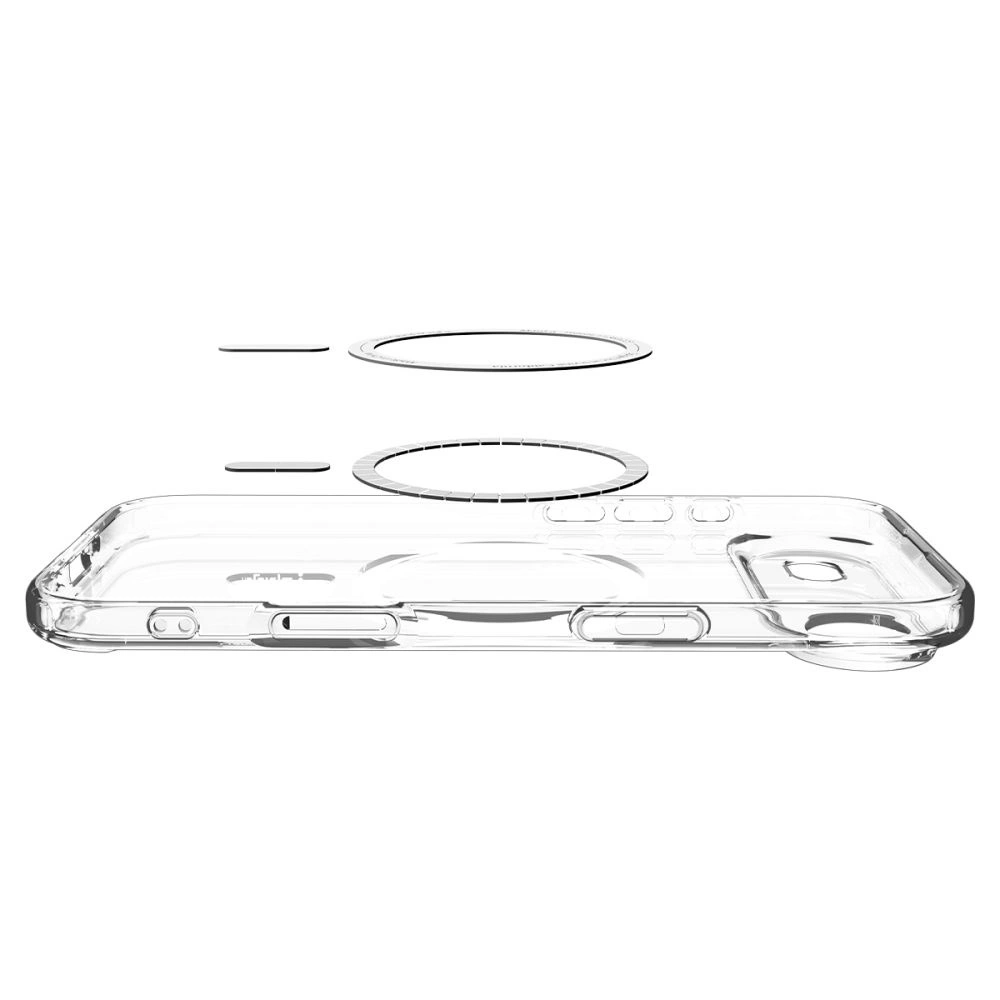 Custodia per telefono trasparente con anello magnetico integrato in vista esplosa.