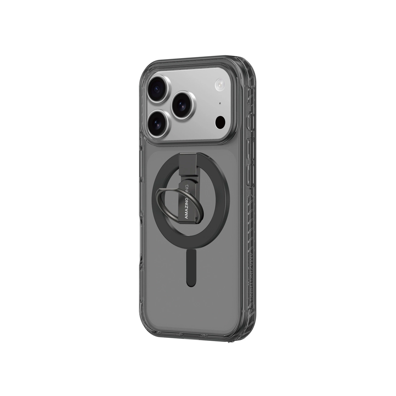 Graue Schutzhülle für ein Smartphone mit integriertem runden Ständer und Kameraschutz auf der Rückseite.