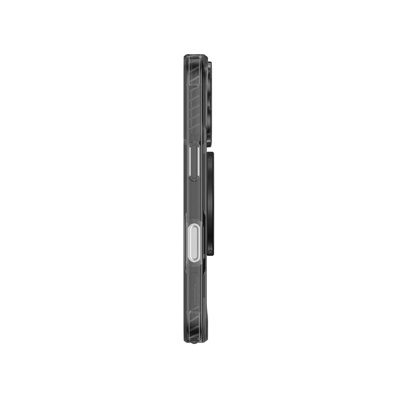 Seitenansicht einer schwarzen Smartphone-Hülle mit sichtbaren Tasten und rundem Magnetring.
