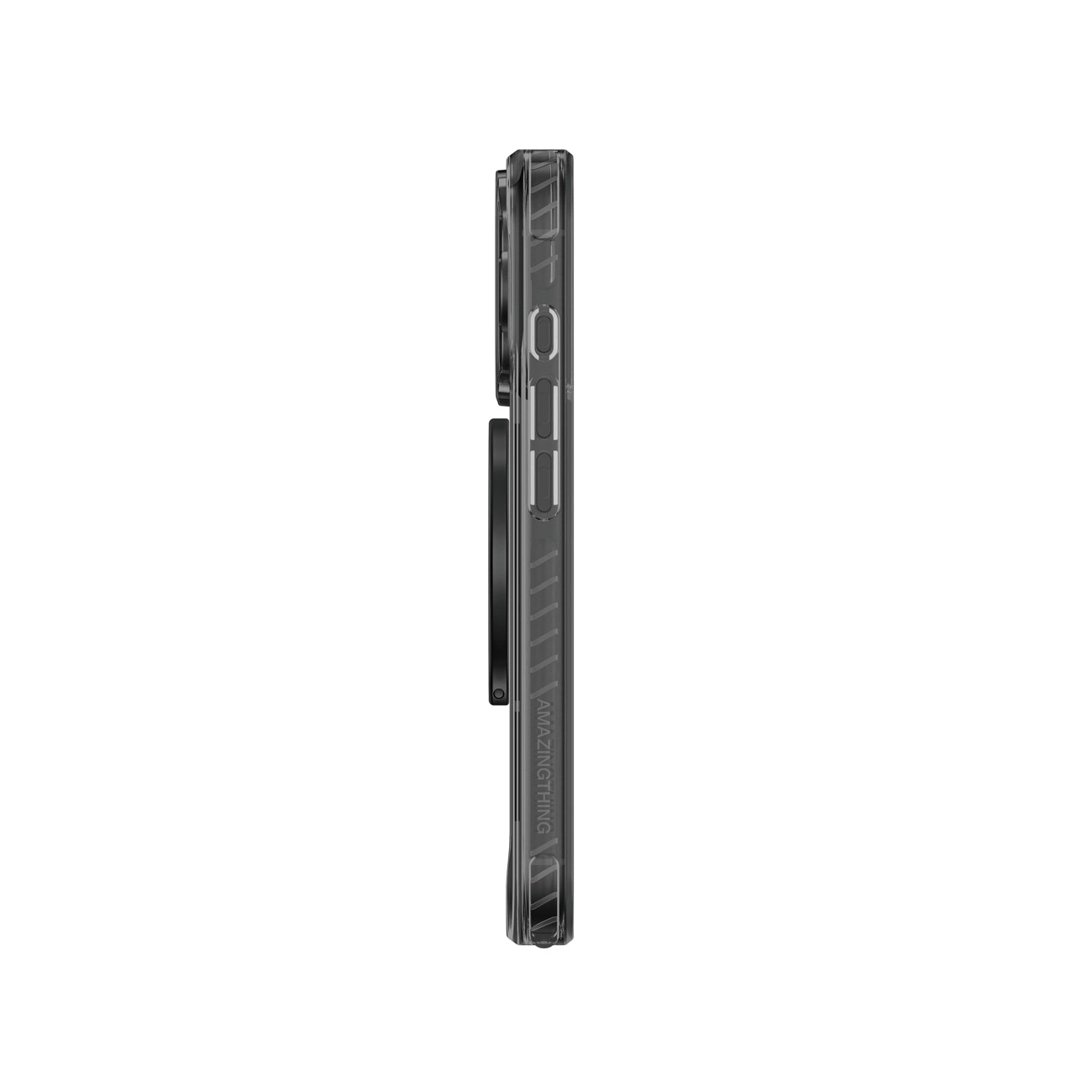 Seitenansicht einer schwarzen Schutzhülle für ein Smartphone mit Markenlogo auf weißem Hintergrund.