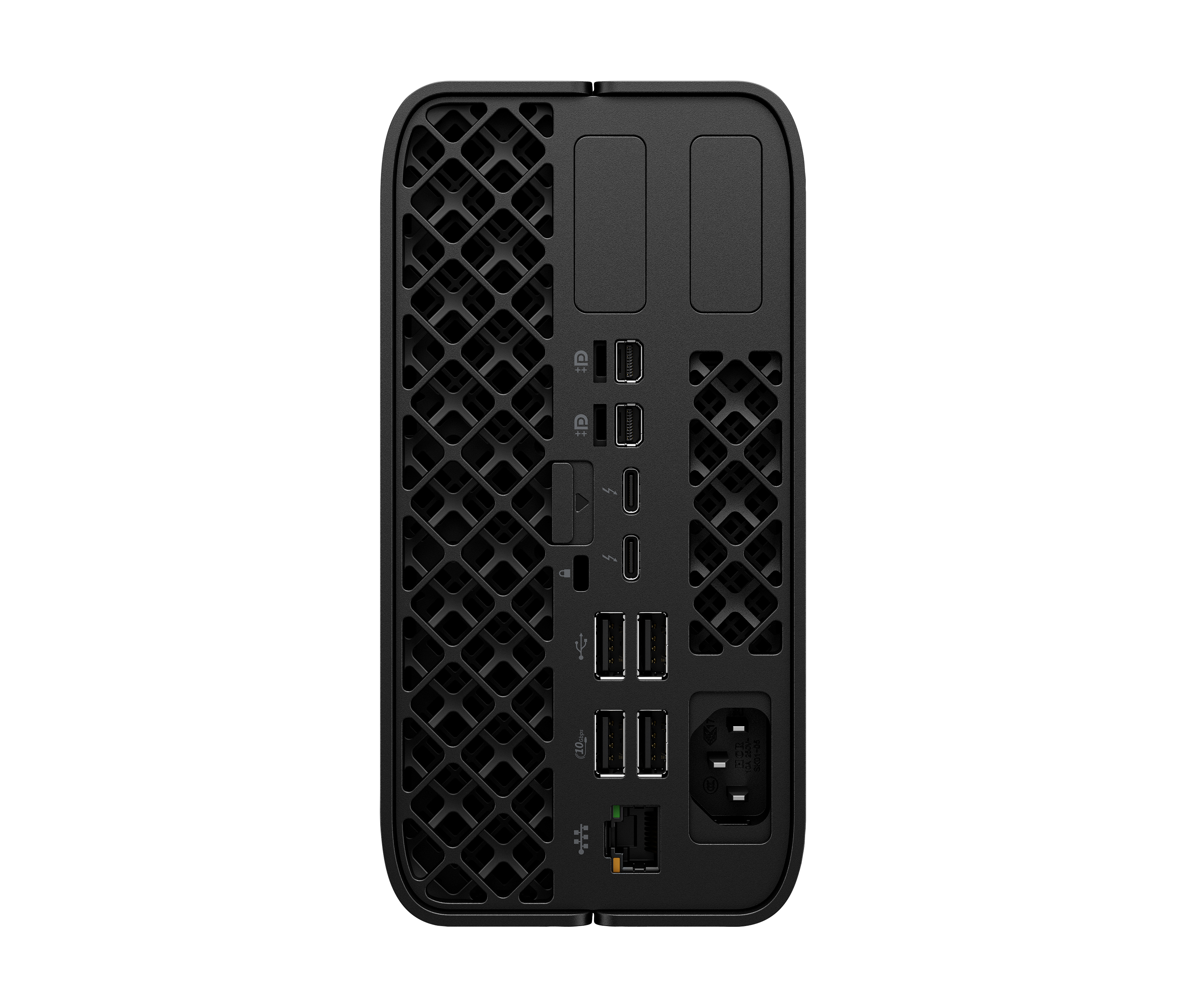 Vista posteriore di un dispositivo elettronico nero con porte USB, DisplayPort e di alimentazione tra griglie.