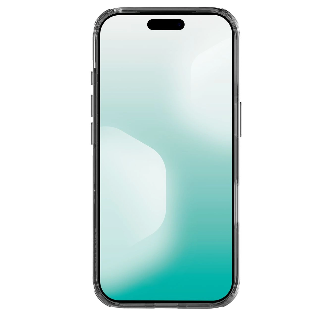 Ein Smartphone in einer durchsichtigen Hülle zeigt ein hellgrün-weißes abstraktes Hintergrundbild.