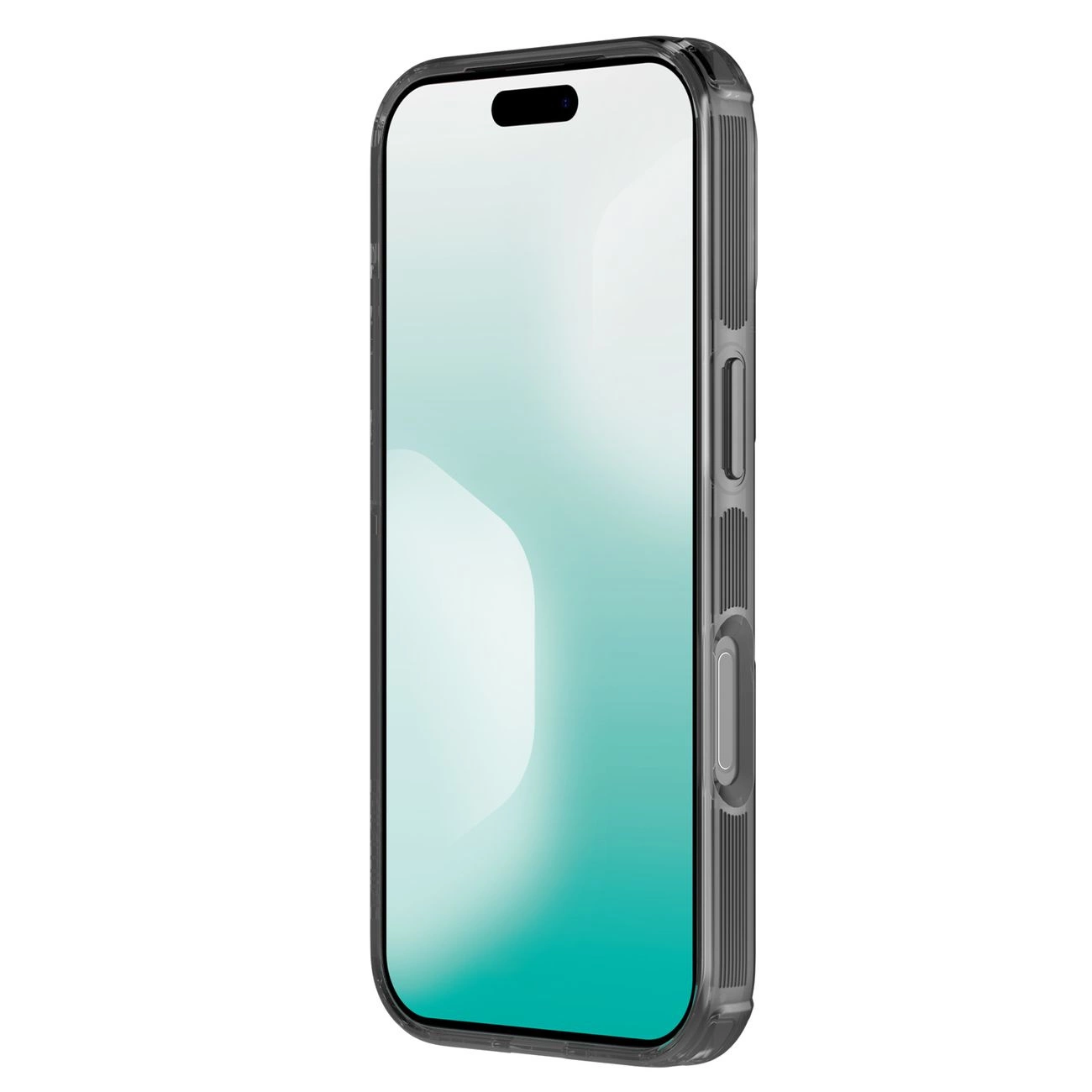 Ein Smartphone in einer dunklen Schutzhülle mit Textur, seitlich gezeigt vor weißem Hintergrund.