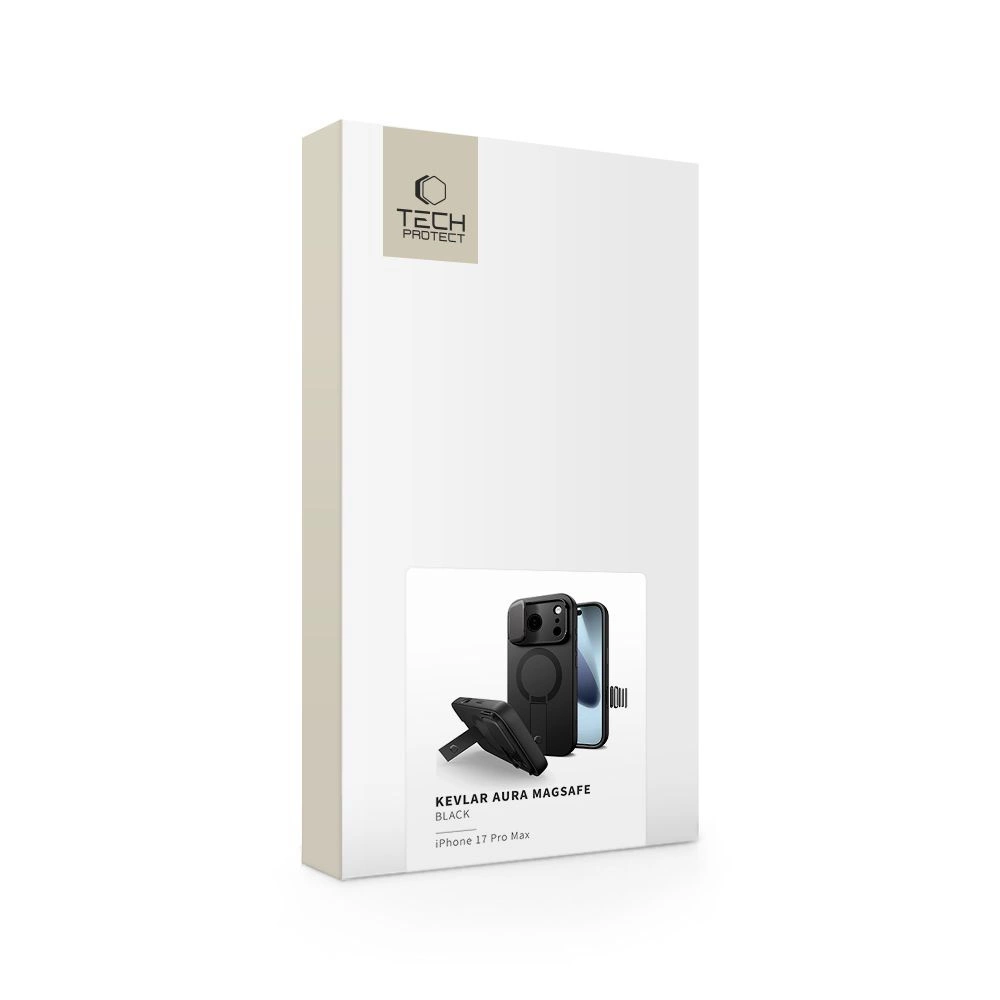 Weisse Produktverpackung fur Tech Protect Kevlar Aura Magsafe Black fur iPhone 17 Pro Max.