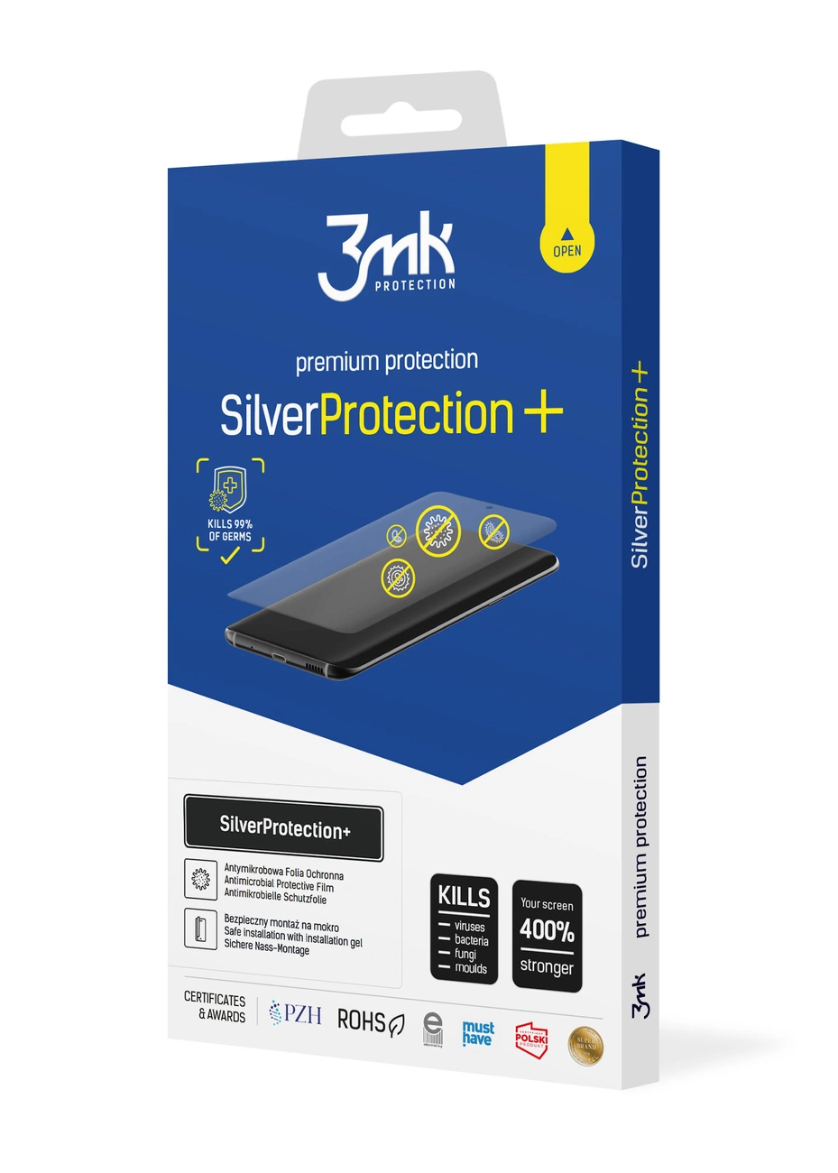 Confezione della pellicola 3mk SilverProtection+ con smartphone e caratteristiche.