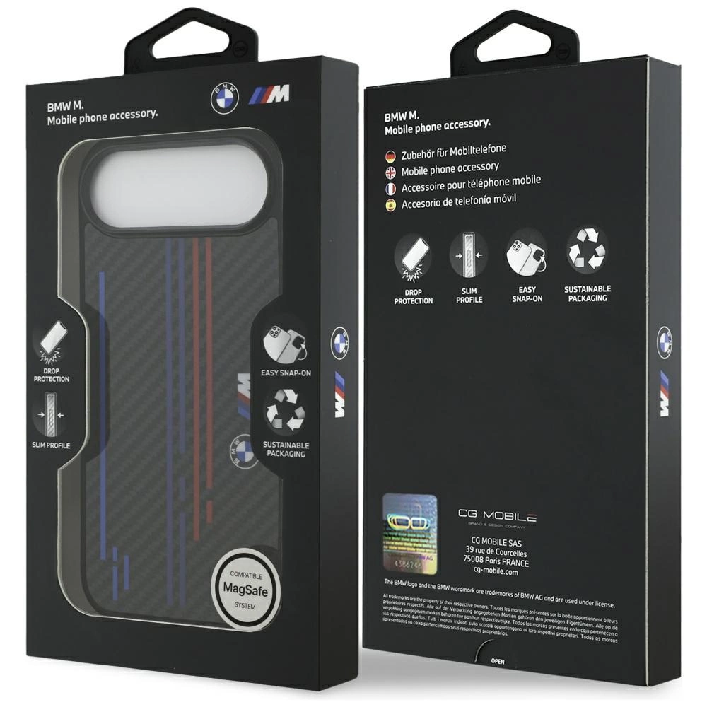 Vorder- und Rückseite einer schwarzen BMW M Handy-Zubehörverpackung mit MagSafe-Kompatibilität und Produktdetails.