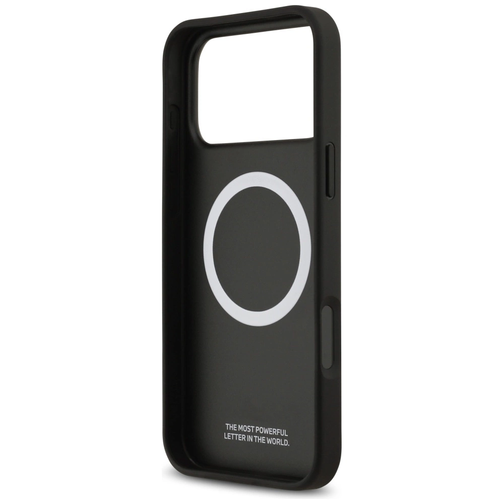 Eine schwarze Smartphone-Hülle mit weißem Magnetring und Text vor weißem Hintergrund.