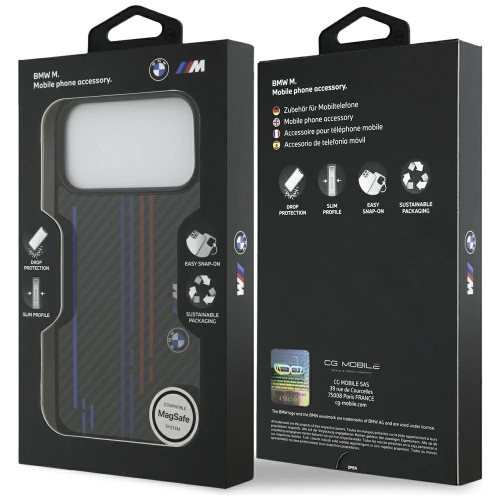 Schwarze BMW M Handyhülle in Verpackung mit Produktinformationen.