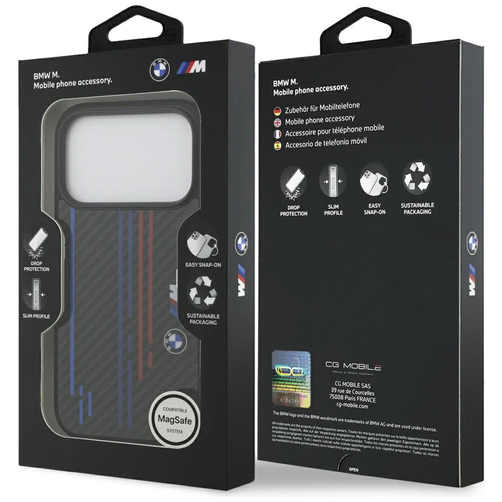 Vorder- und Rückseite einer schwarzen BMW M Handy-Zubehörverpackung auf weißem Hintergrund.