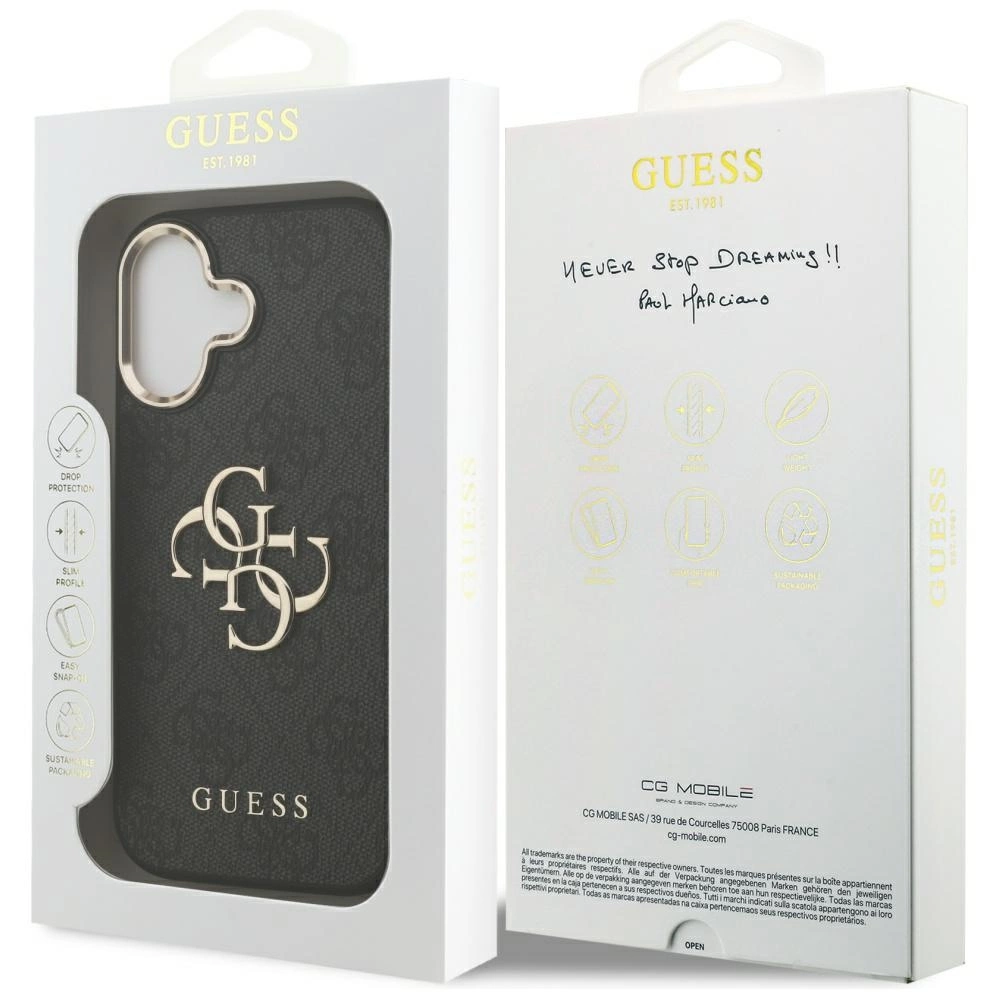 Una custodia Guess nera in confezione bianca con dettagli oro e loghi.