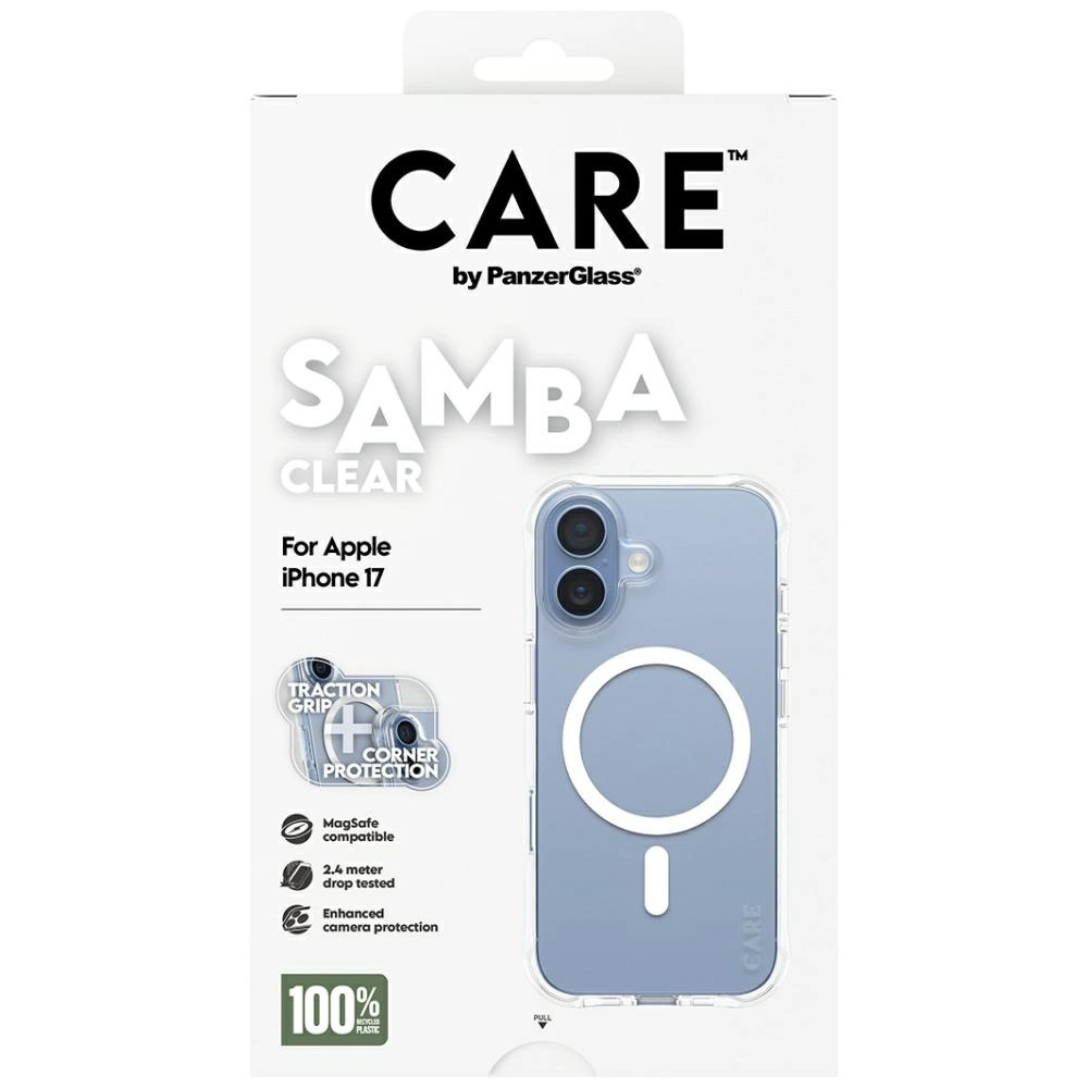 Apple iPhone 17 için MagSafe ve düşme korumalı CARE Samba Clear telefon kılıfı ambalajı.