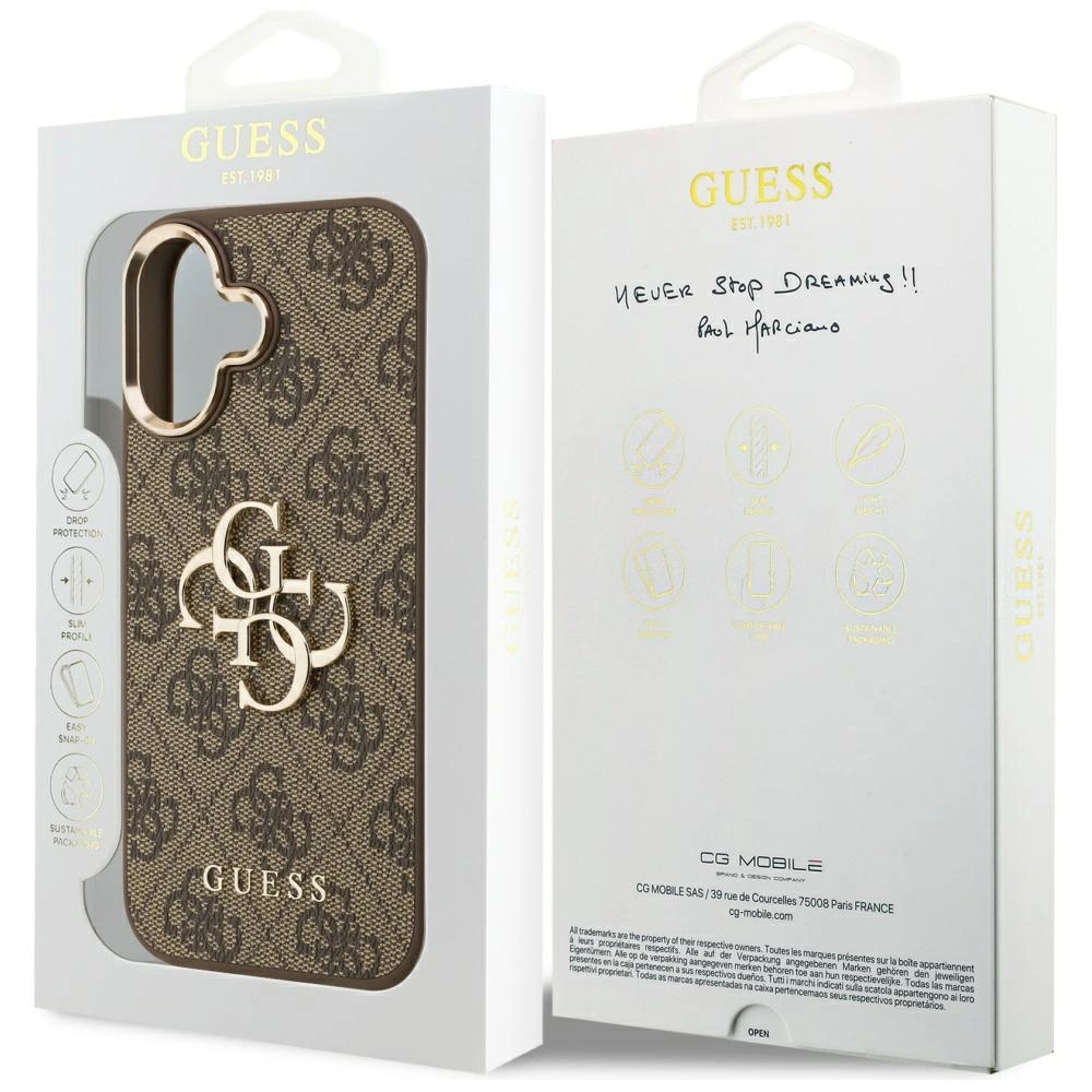 Custodia per telefono Guess in confezione con motivo monogramma marrone e dettagli dorati.