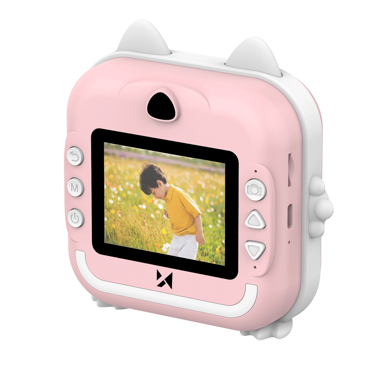 Fotocamera per bambini rosa e bianca con orecchie da gatto e schermo che mostra un ragazzo in un campo.