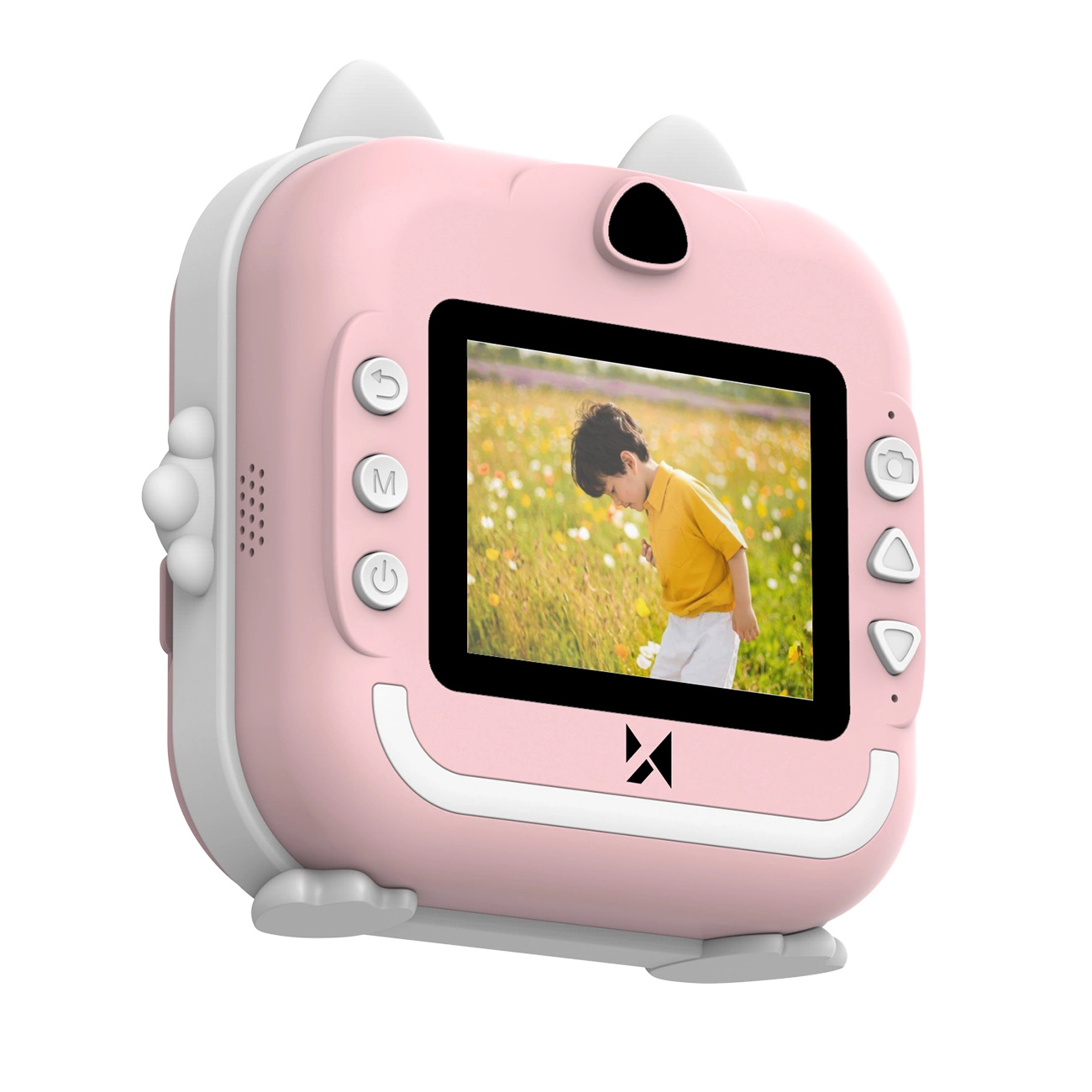 Fotocamera rosa per bambini con orecchie di gatto e schermo che mostra un ragazzo.