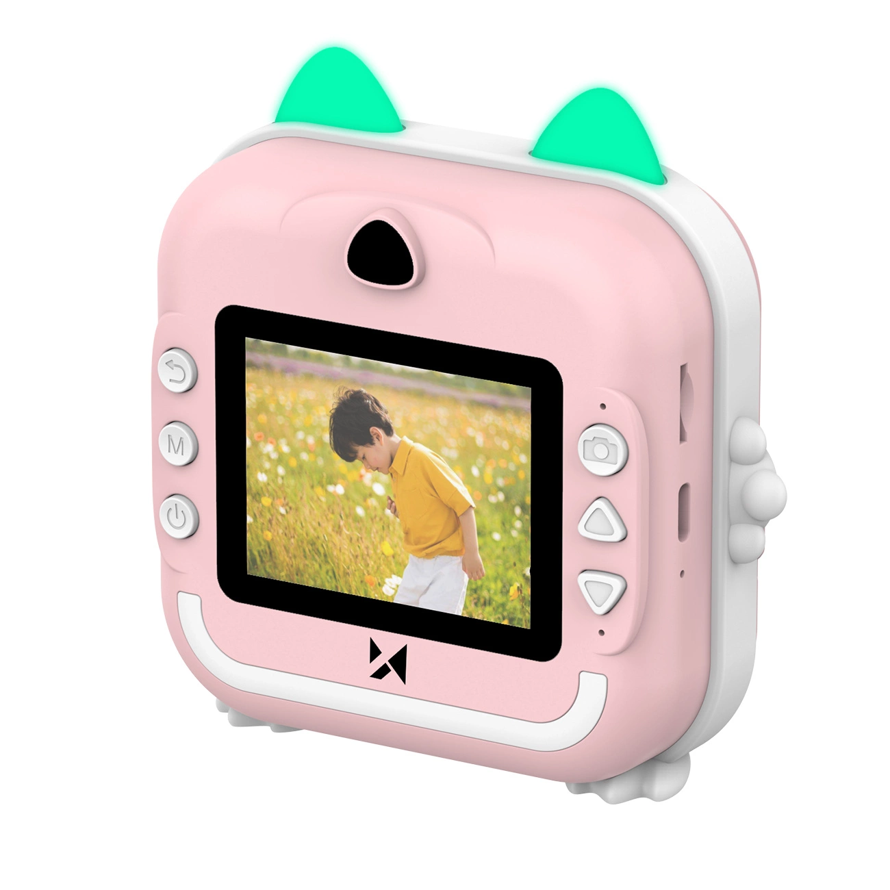 Fotocamera giocattolo rosa e bianca con orecchie di gatto e schermo con bambino.