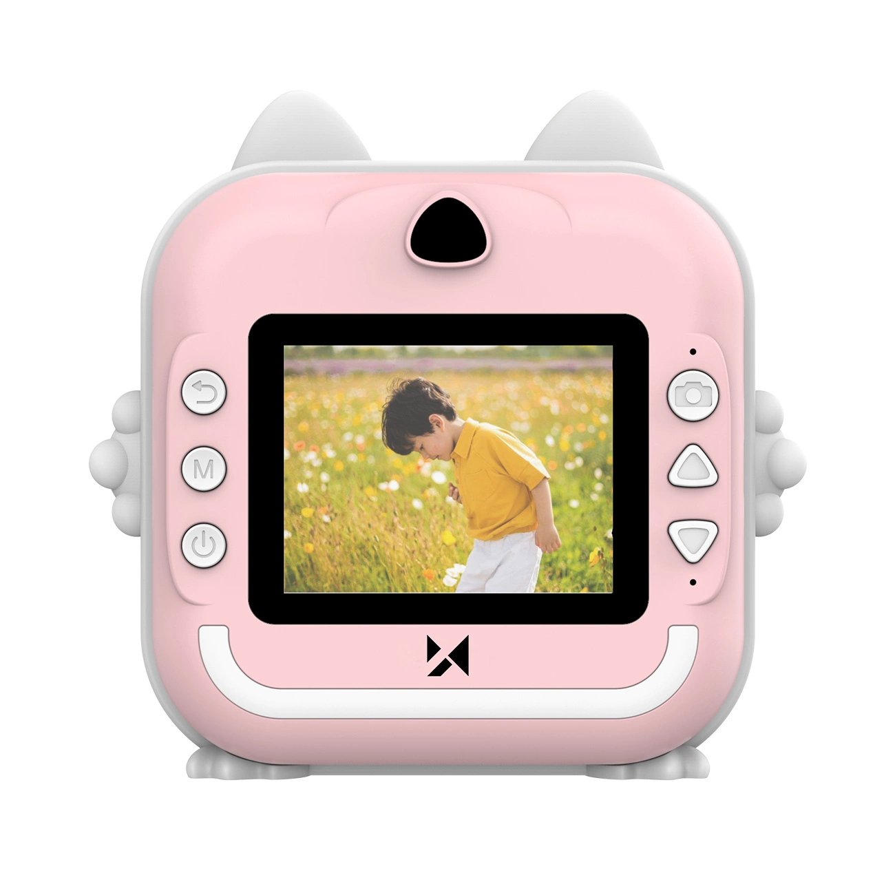 Una fotocamera rosa per bambini con orecchie di gatto mostra un bambino in un campo di fiori.