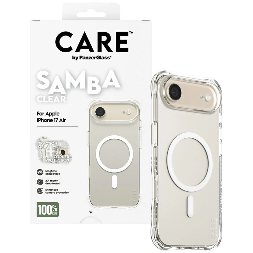 Coque de protection CARE by PanzerGlass Samba Clear pour Apple iPhone 17 Air devant son emballage blanc.