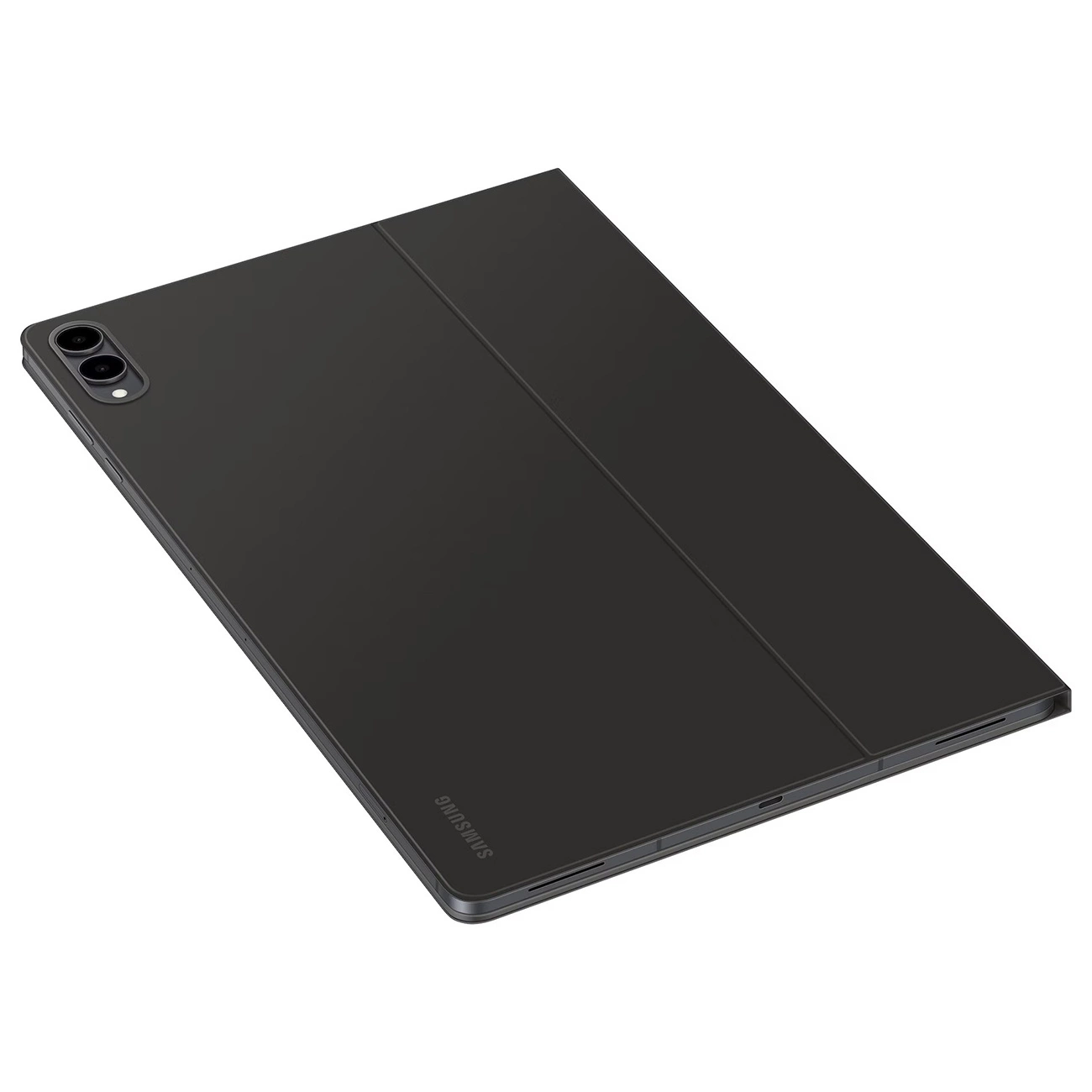 Czarny tablet w etui ochronnym, widziany od tyłu na białym tle.