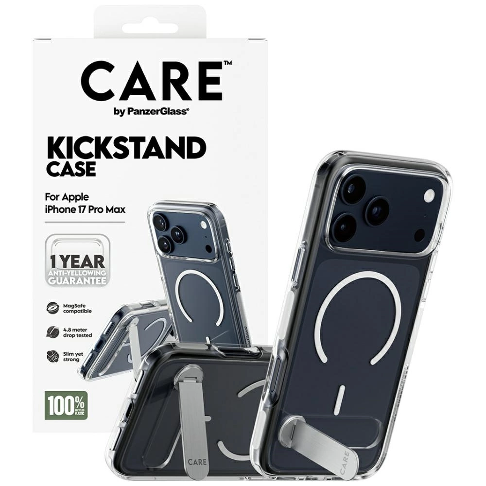 iPhone 17 Pro Max için Care by PanzerGlass destek çubuklu kılıf ambalajı ve şeffaf kılıf.
