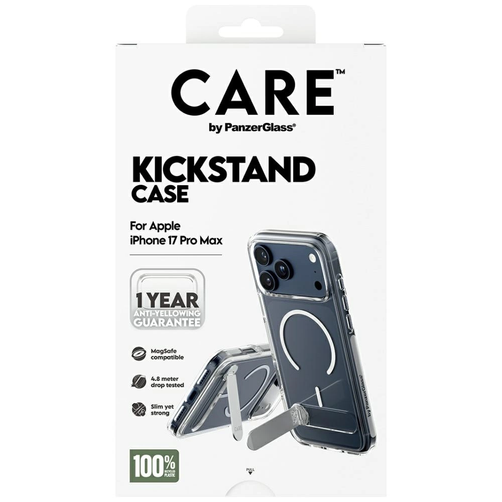 Entegre standlı Apple iPhone 17 Pro Max için CARE by PanzerGlass Kickstand Case kılıfının ürün ambalajı.
