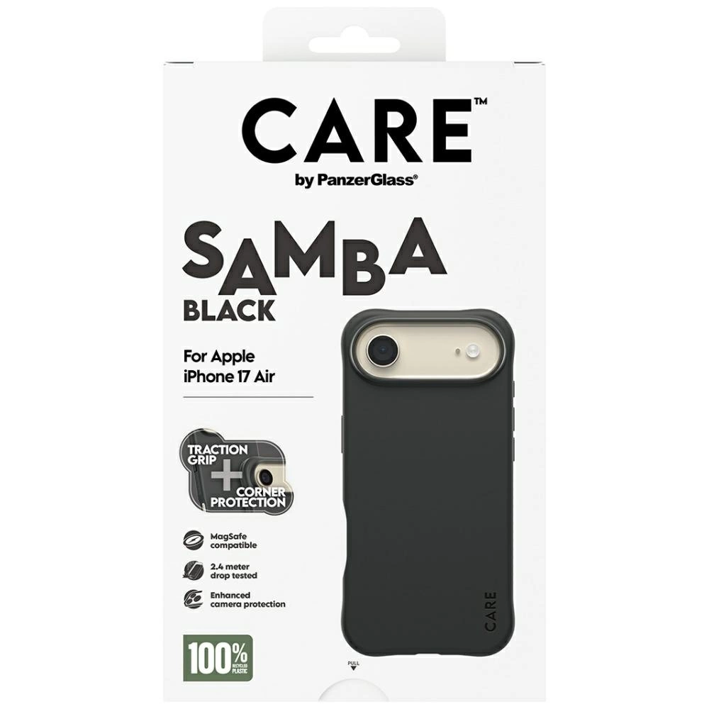 Apple iPhone 17 Air için Care by PanzerGlass Samba Black koruyucu kılıfın ambalajı.