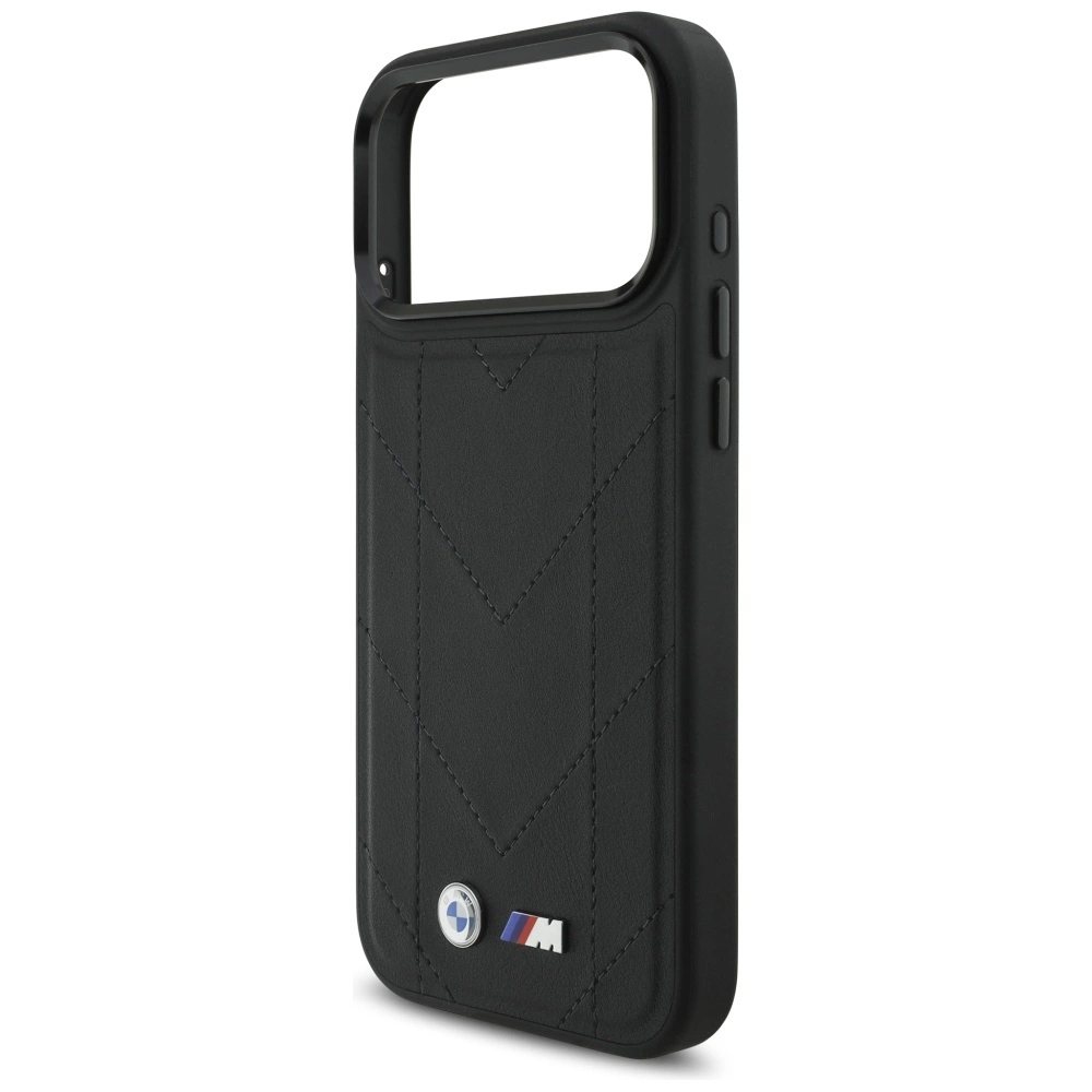 Schwarze Handyhülle aus Leder mit Chevron-Muster und BMW M-Logo.