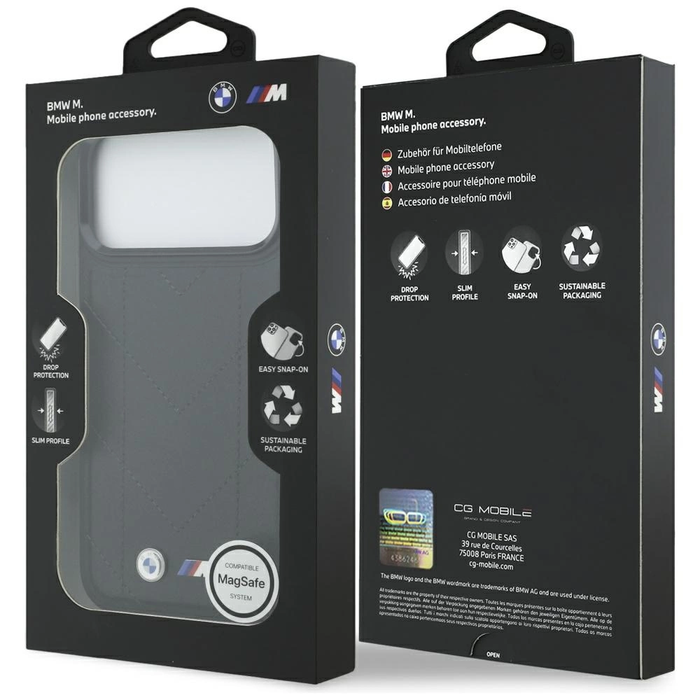 Schwarze BMW M Handyhüllenverpackung mit Logo, MagSafe-Symbol und Produktmerkmalen auf Vorder- und Rückseite.