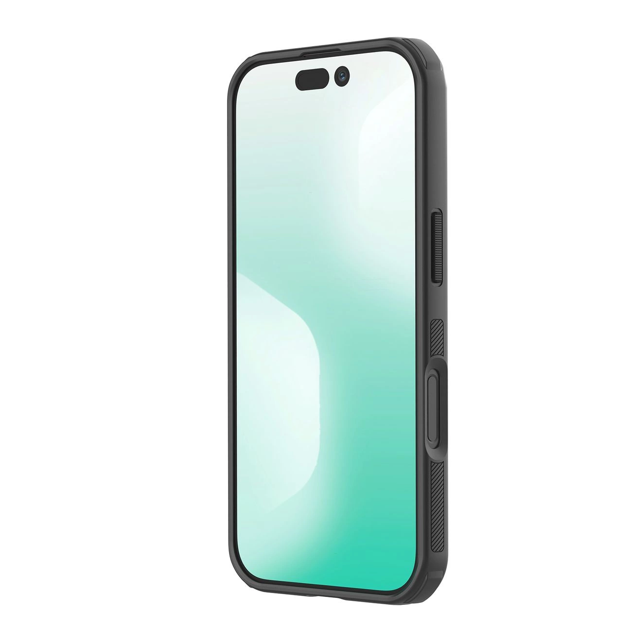 Ein Smartphone mit schwarzer Schutzhülle und weißem Display auf hellem Hintergrund.
