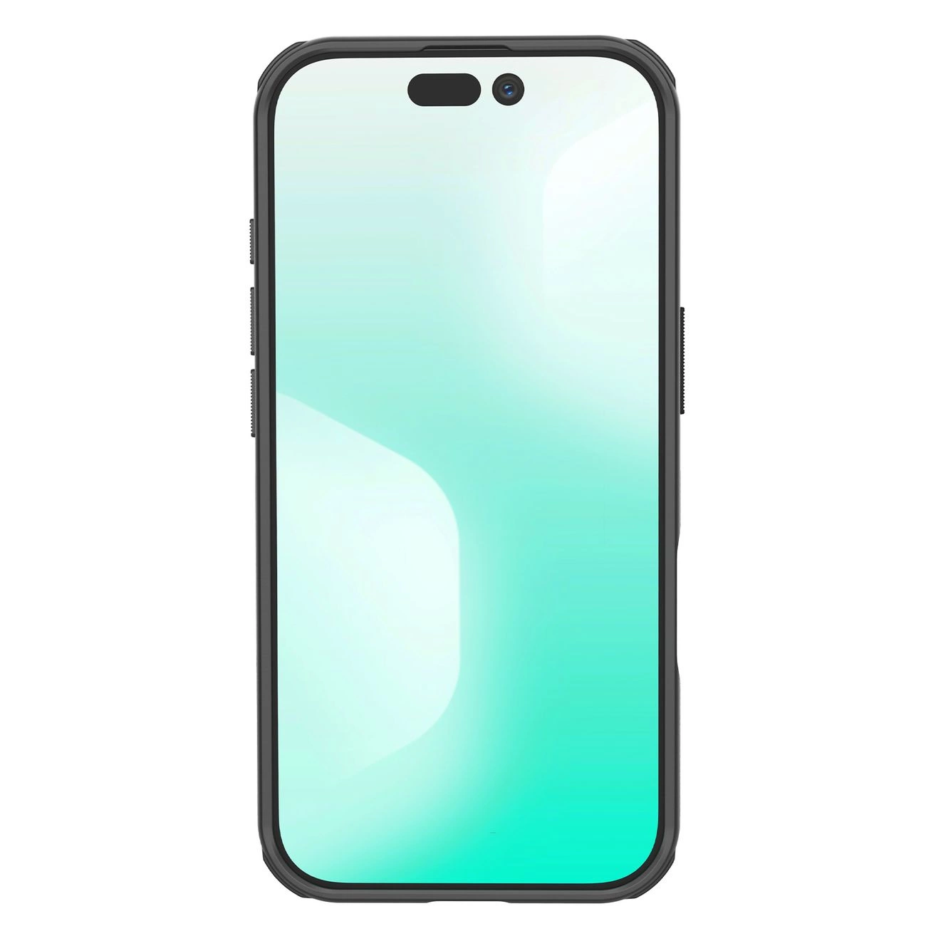 Ein Smartphone in einer Schutzhülle mit hellem, grünlichen Bildschirm auf weißem Hintergrund.