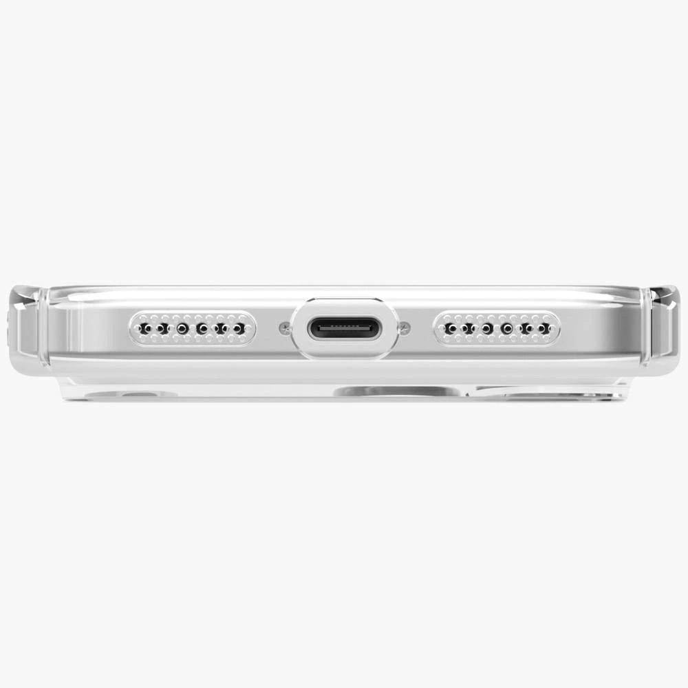Şeffaf kılıflı akıllı telefonun alt görünümü, beyaz arka planda USB-C bağlantı noktası ve hoparlör ızgaraları.