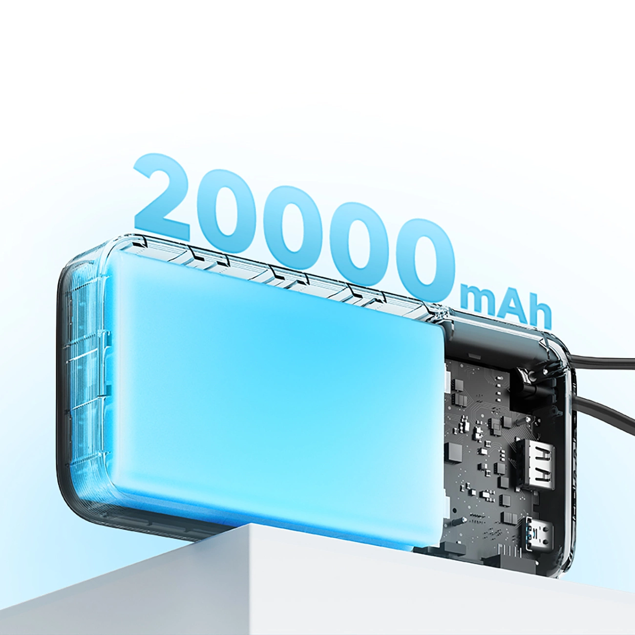 Power bank trasparente da 20000 mAh su supporto bianco, che mostra circuiti interni e batteria blu.