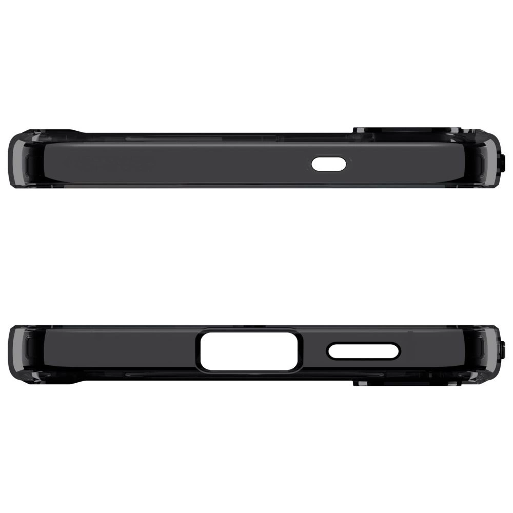 Due viste di una custodia nera per smartphone con aperture per porte e pulsanti.