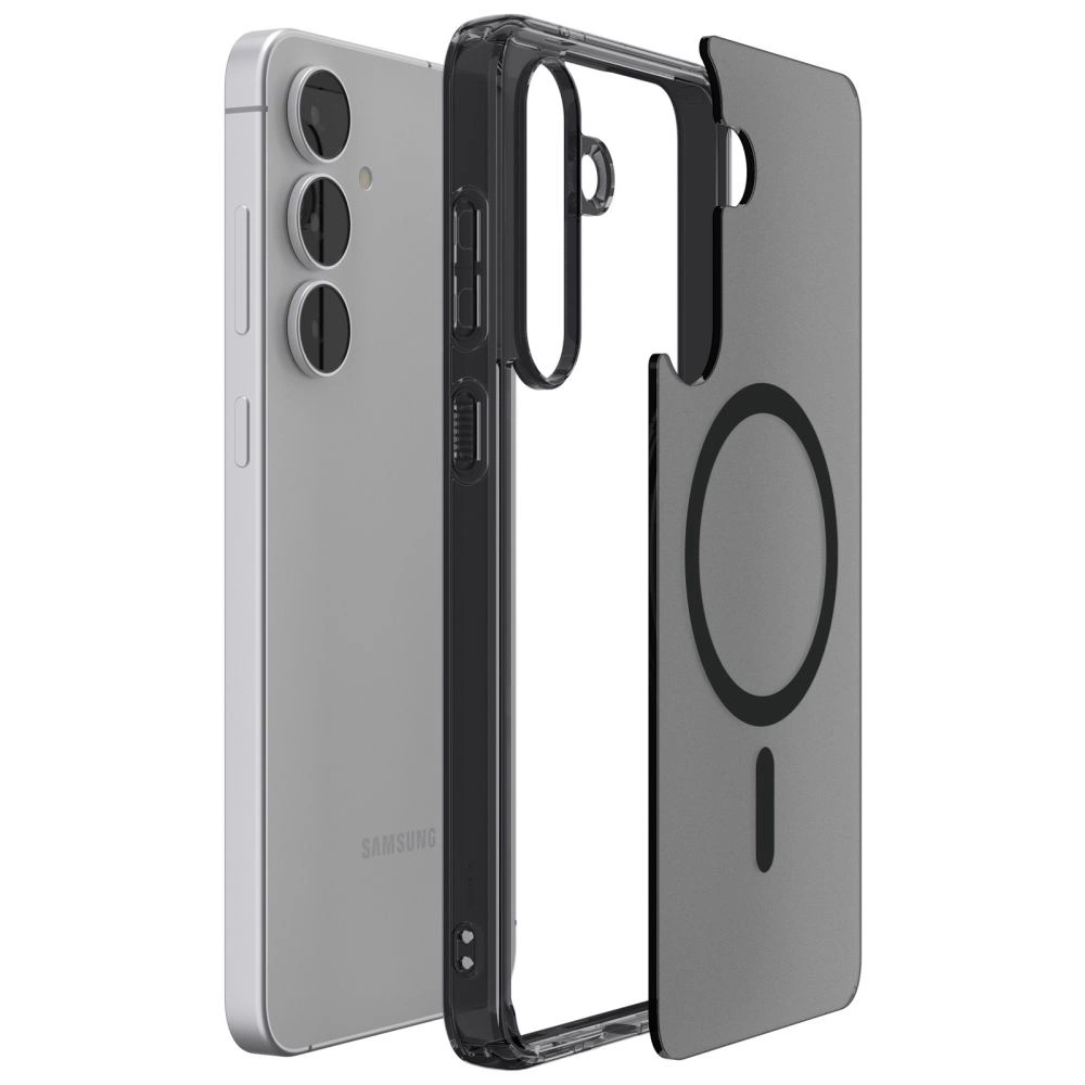 Uno smartphone argento accanto a una custodia protettiva nera traslucida con anello magnetico sul retro.