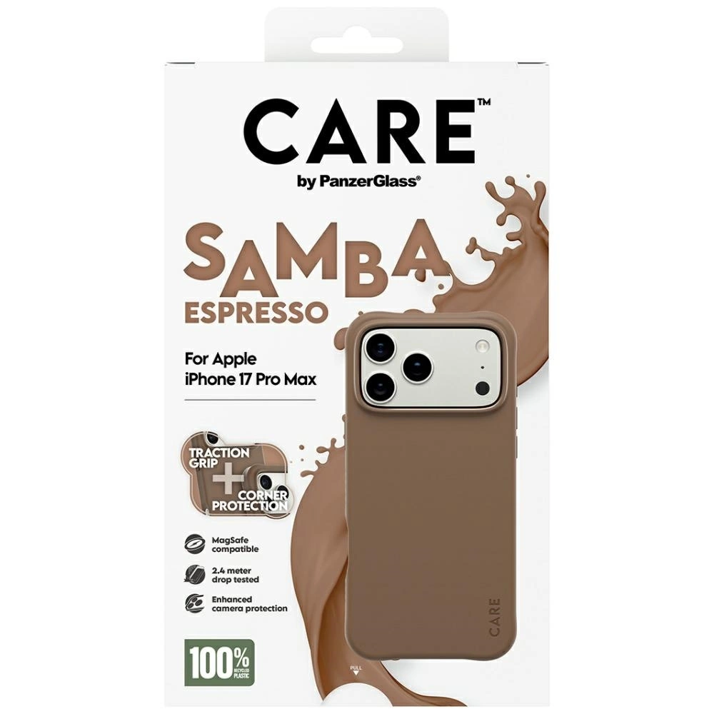 Apple iPhone 17 Pro Max için kahverengi Care by PanzerGlass Samba Espresso kılıfı ambalajıyla birlikte.