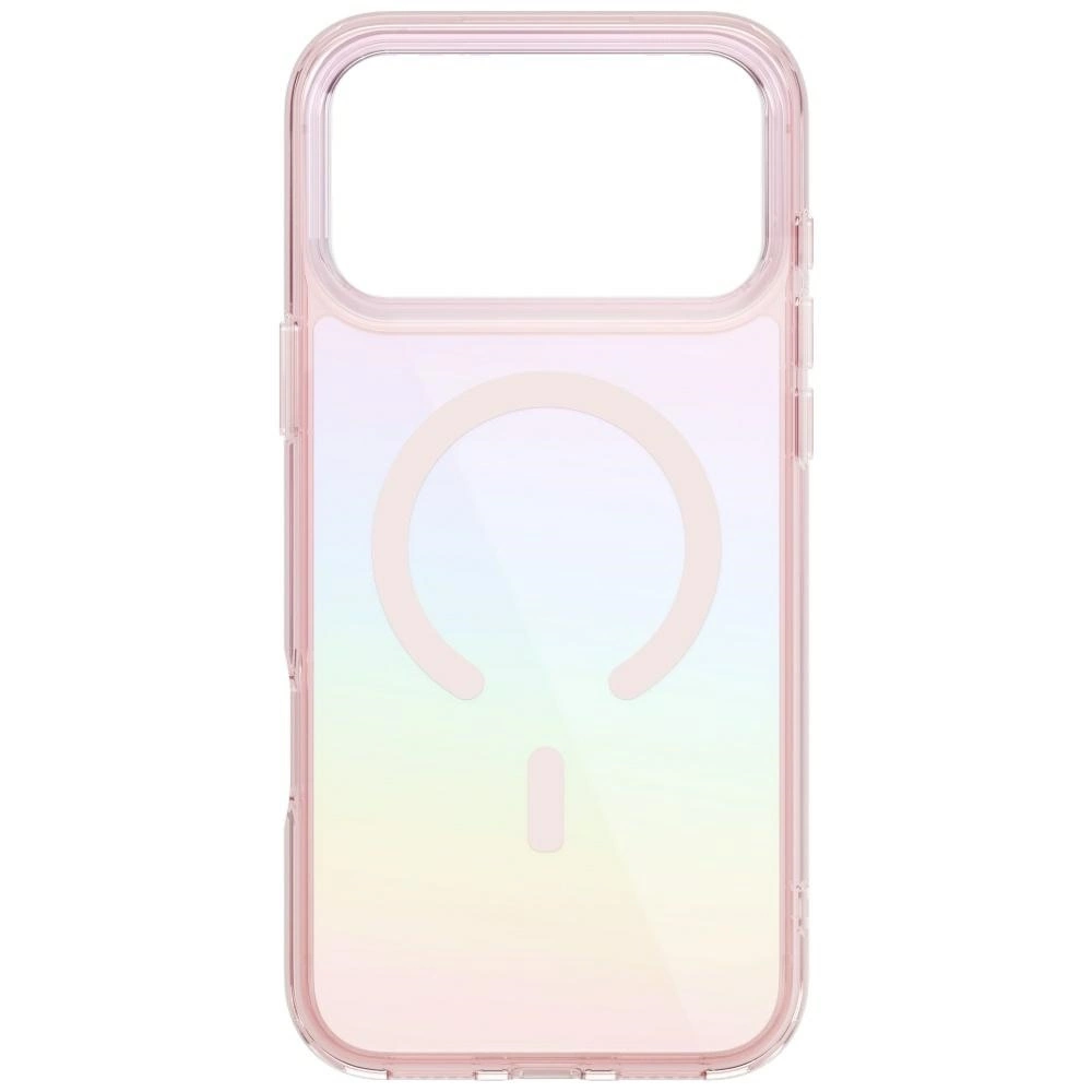 Degrade arkaya ve dairesel MagSafe şarj halkasına sahip pastel pembe telefon kılıfı.