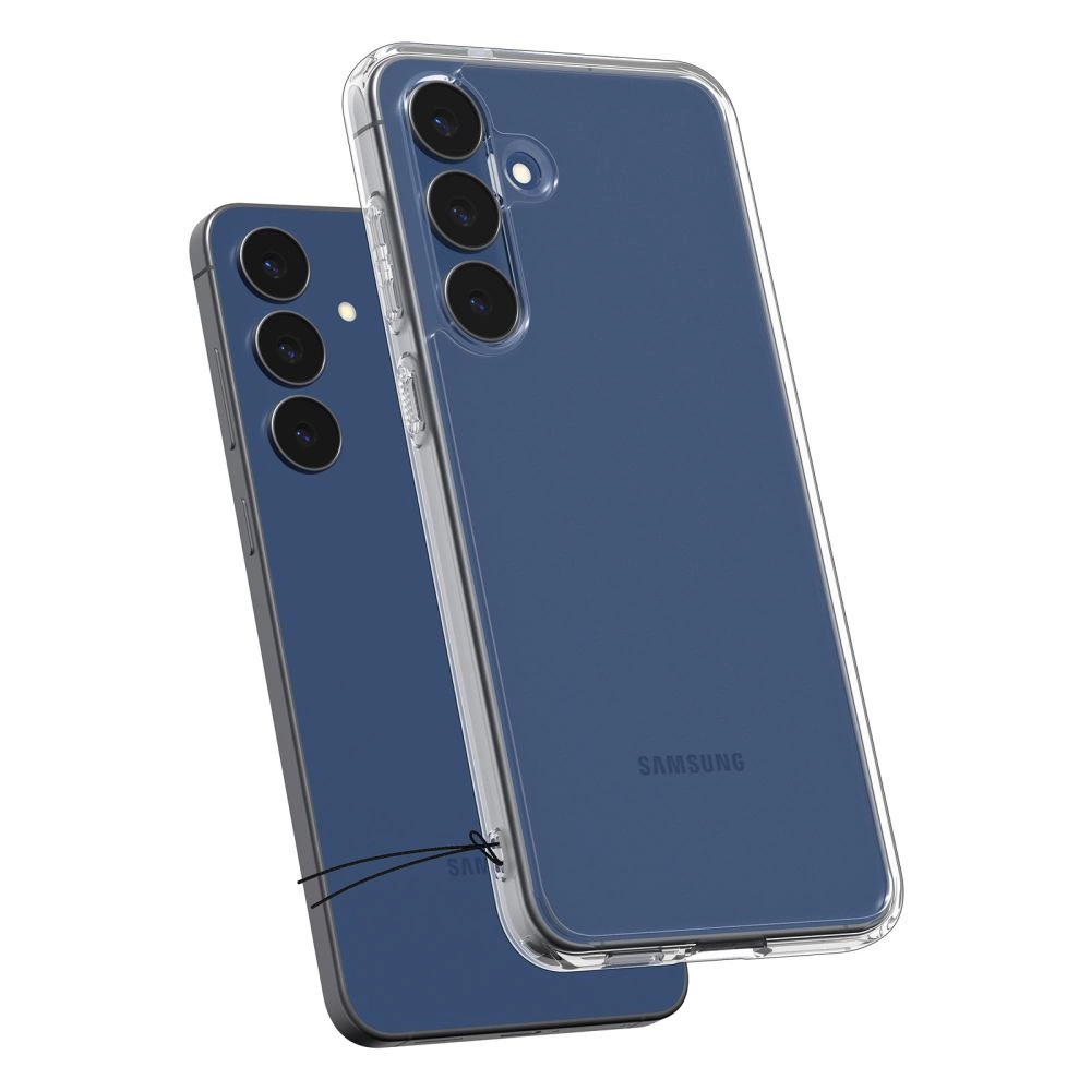 Due smartphone Samsung blu scuro posizionati dorso contro dorso, uno dentro una custodia protettiva trasparente.