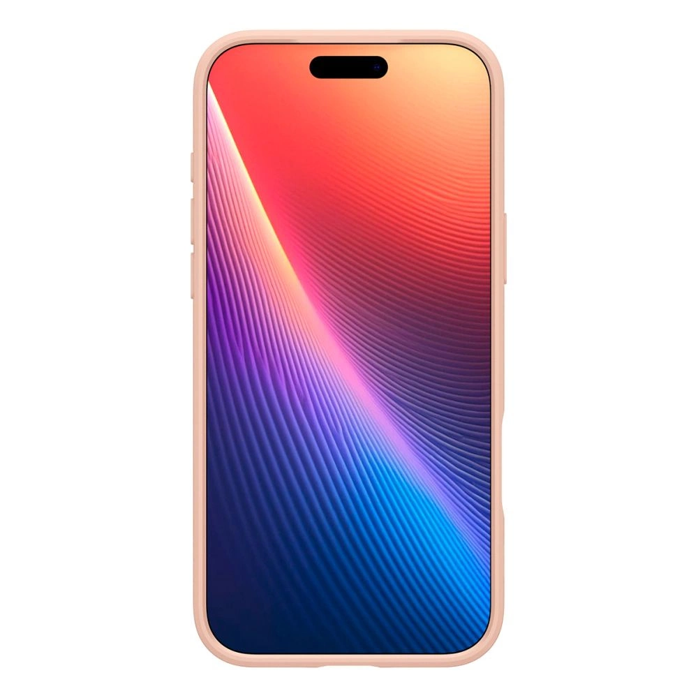 Ein Smartphone mit rosafarbenem Gehäuse zeigt ein abstraktes rot-blaues Wellenmuster auf dem Bildschirm.