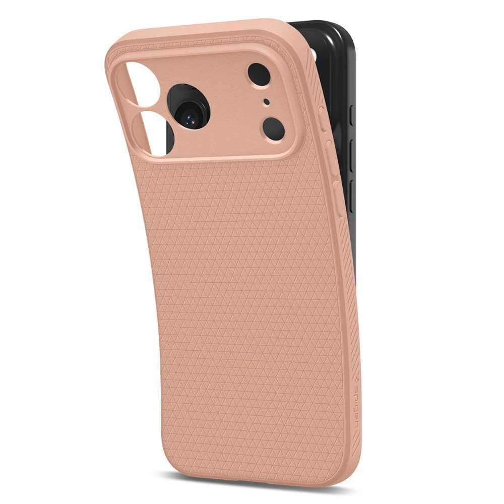 Ein schwarzes Smartphone, teilweise in einer strukturierten, rosa Schutzhülle vor weißem Hintergrund.