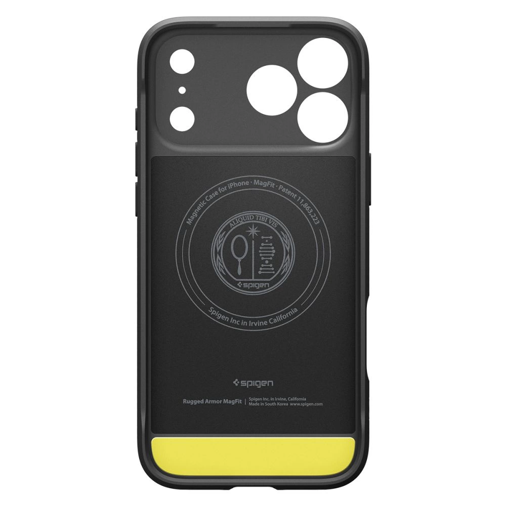 Custodia protettiva nera per smartphone con ritagli circolari per la fotocamera e dettaglio giallo.